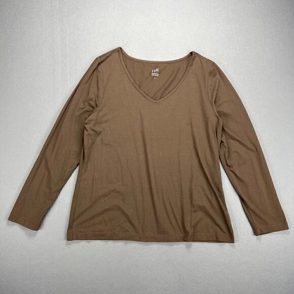 J.Jill Top Womens XL V-Neck Long Sleeve Satin Stitch Tee Stretch T-Shirt Brown - Picture 1 of 6